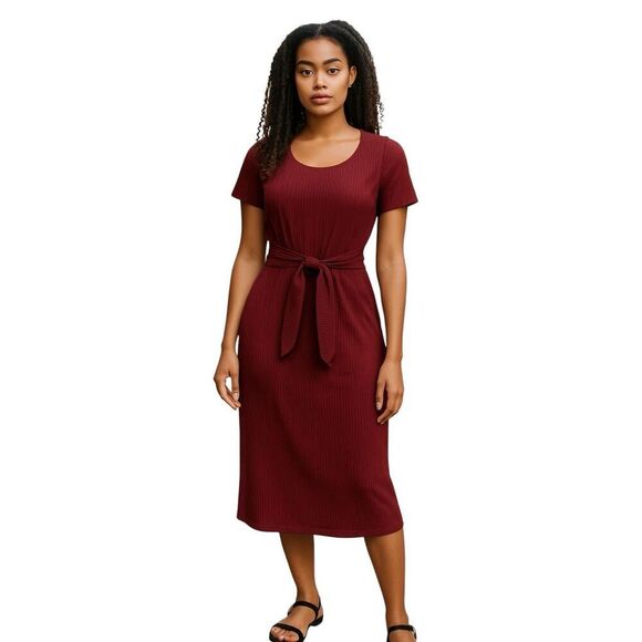 Ribbed Tie Front Midi Dress Burgundy Size Small - Picture 1 of 6
